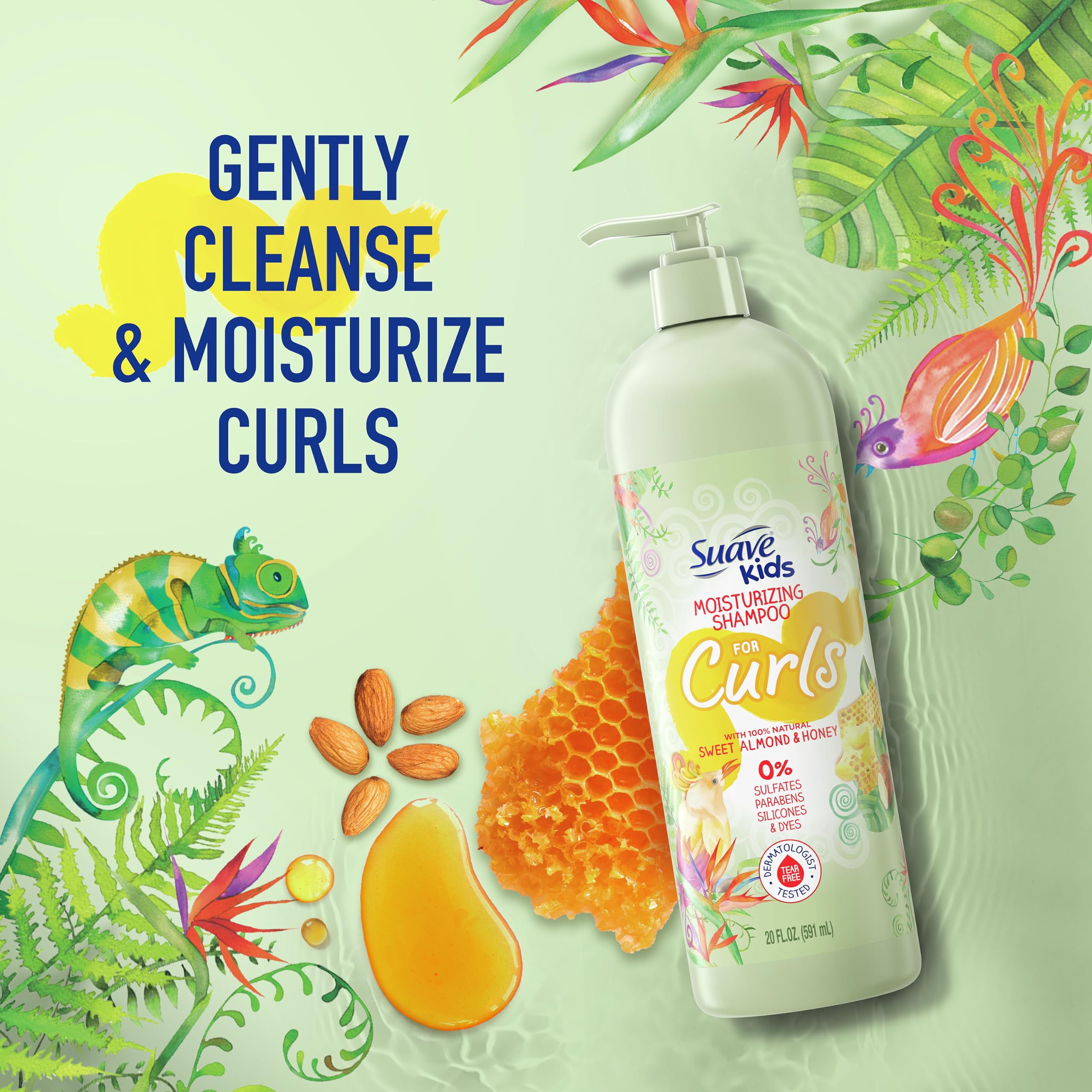 Suave Kids Naturals Curl Shampoo, Moisturizing Shampoo for Kids Curls, Sweet Almond & Honey Dermatologist Tested and Tear-free Shampoo 16.5 oz